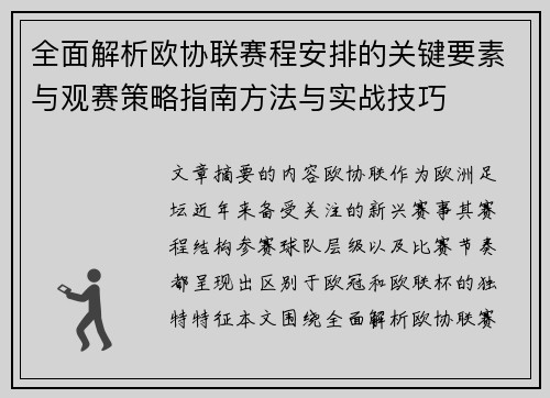 全面解析欧协联赛程安排的关键要素与观赛策略指南方法与实战技巧